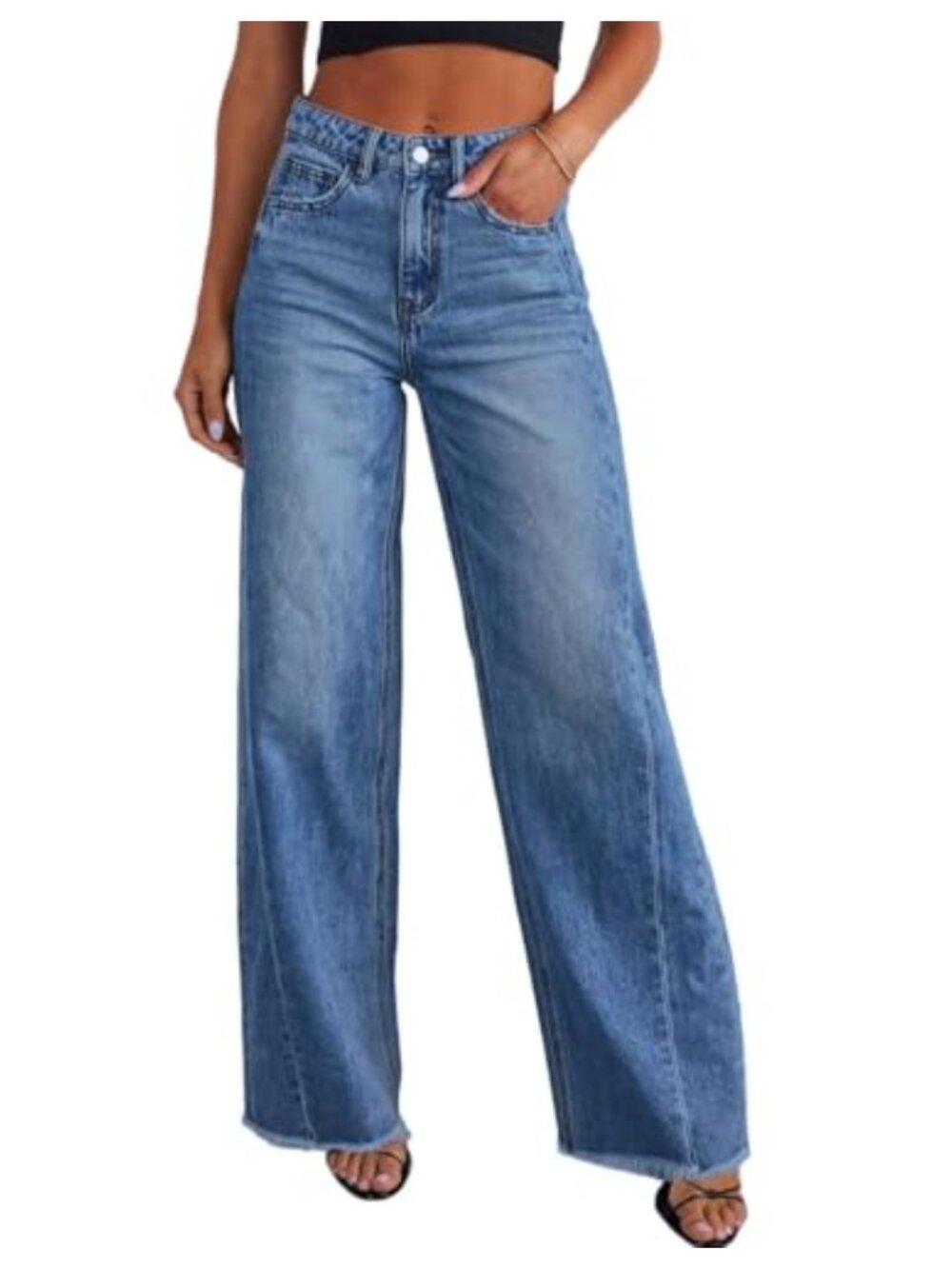 High Waisted Wide Leg Jeans Stretchy Raw Hem Loose Baggy Denim Pants